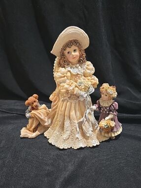 Porcelain Victorian Girl Figurine with Teddy and Flower Basket - Cream & Purple